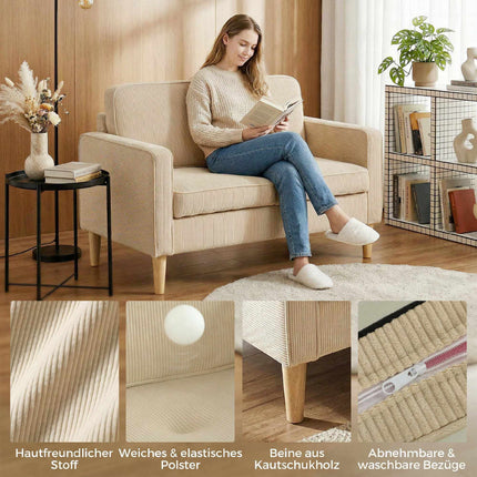 2-Seater Corduroy Sofa with Storage, Beige, 117 x 63 cm