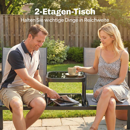 2-zits tuinbank met tafel, metalen frame, grijs