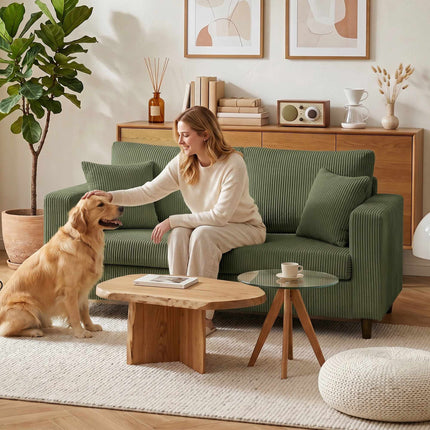 2-Seater Green Corduroy Sofa with Deep Cushioning