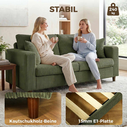 2-Seater Green Corduroy Sofa with Deep Cushioning