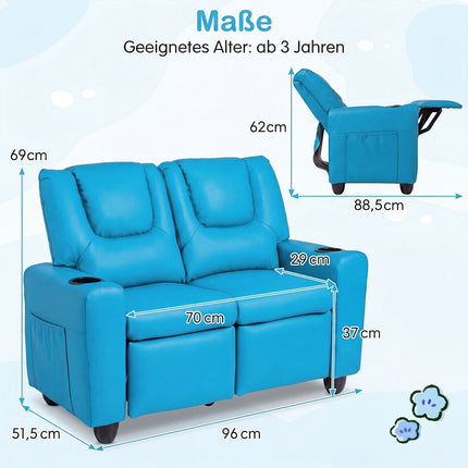 2-Seater Kids Recliner Sofa with Cup Holders - Blue