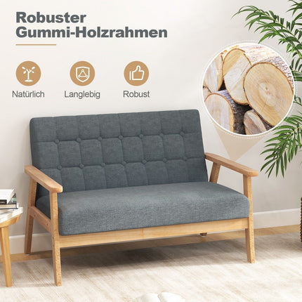 Dvoumístná lněná pohovka, rám z kaučukovníku, knoflíkové prošití