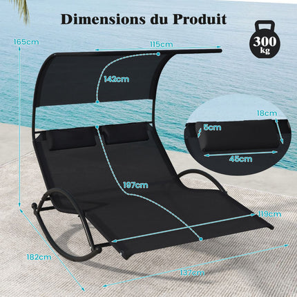 2-Seater Outdoor Swing Lounger With Canopy and Headrests, Black