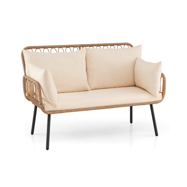 2-zits tuinbank van PE-rotan met kussens, beige