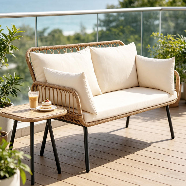 2-zits tuinbank van PE-rotan met kussens, beige