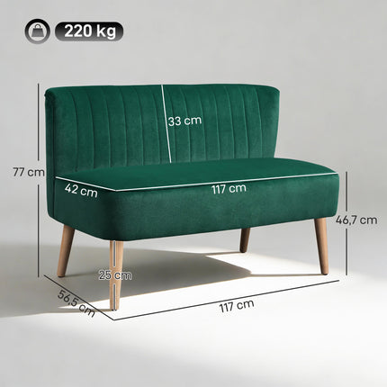Dvoumístná retro pohovka, tmavě zelená, dřevěné nohy, 117 cm