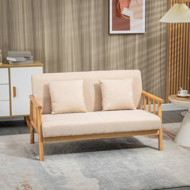 Beige 2-seater sofa with cushions, linen look, compact