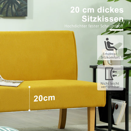 Pohovka dvoumístná v manšestrovém vzhledu, dřevěné nohy, čalouněná, žlutá