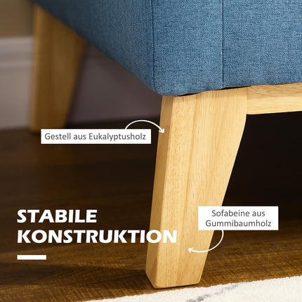 Dvoumístná pohovka se vzhledem lnu, čalouněná, dřevěné nohy, modrá