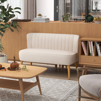 2místná pohovka Loveseat ve vzhledu lnu, dřevěné nohy, krémově bílá