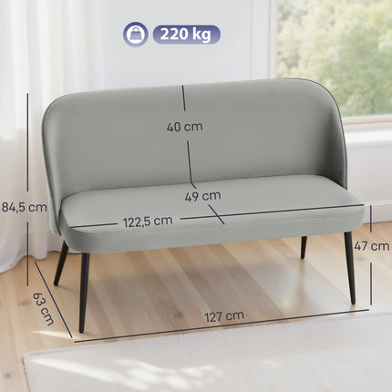 Dvoumístná pohovka, sametová látka, kovový a dřevěný rám, šedá