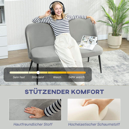 Dvoumístná pohovka, sametová látka, kovový a dřevěný rám, šedá