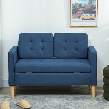 Dvoumístná pohovka s úložným prostorem, modrý samet, kompaktní design