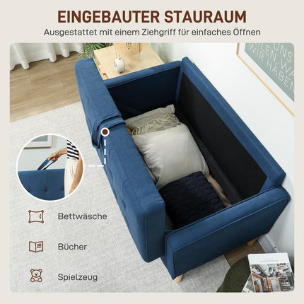 Dvoumístná pohovka s úložným prostorem, modrý samet, kompaktní design