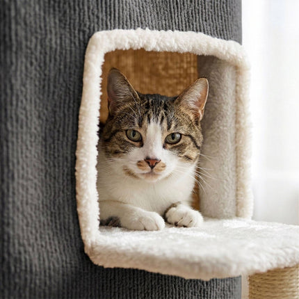2-Storey Cat House with Sisal Post and Toys - Grey