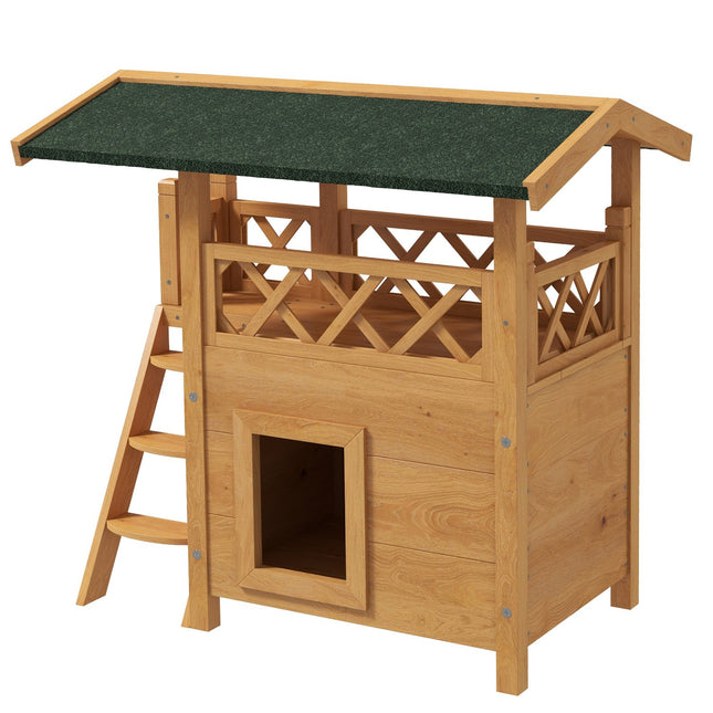 Wooden 2-story cat house with balcony and asphalt roof