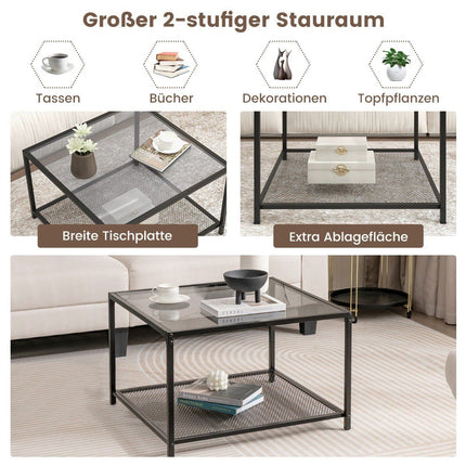 2 Tier Glass Table with Storage Space & Mesh Shelf Modern Square Coffee Table 70 x 70 x 45 cm Gray