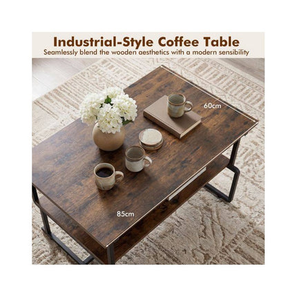2-Tier Industrial Coffee Table with Metal Frame, Rustic Brown, 85 x 60 x 47 cm