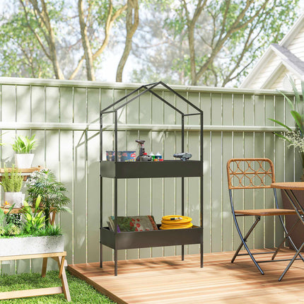 2-Tier Metal Plant Stand with Hook, 150 cm Tall, Black