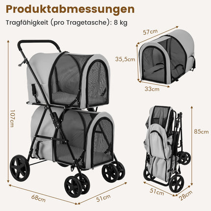 2patrový kočárek pro mazlíčky, nosnost 16kg, šedý, síťovaná okna