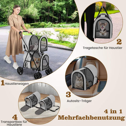 2patrový kočárek pro mazlíčky, nosnost 16kg, šedý, síťovaná okna