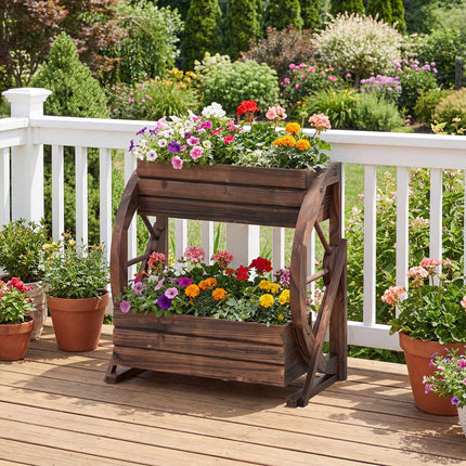 2-Tier Raised Wagon Planter, Fir Wood, Drainage Holes