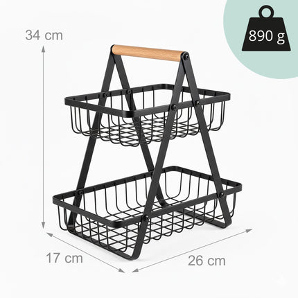 2patrový drátěný stojan s mísou na ovoce – čtvercový design
