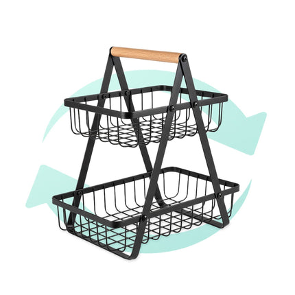 2patrový drátěný stojan s mísou na ovoce – čtvercový design