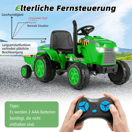 Dětský elektrický traktor 2 v 1 s vlekem a dálkovým ovládáním, elektrické autíčko, zelený