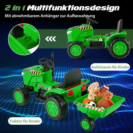Dětský elektrický traktor 2 v 1 s vlekem a dálkovým ovládáním, elektrické autíčko, zelený