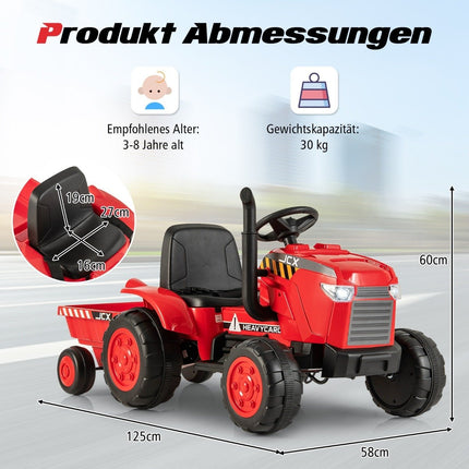 Dětský elektrický traktor 2 v 1 s vlekem a dálkovým ovládáním, elektrické autíčko, červený