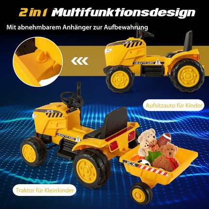 Dětský elektrický traktor 2 v 1 s vlečkou a dálkovým ovládáním, elektrické autíčko, žlutá