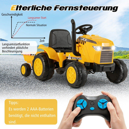 Dětský elektrický traktor 2 v 1 s vlečkou a dálkovým ovládáním, elektrické autíčko, žlutá