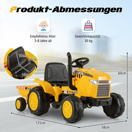 Dětský elektrický traktor 2 v 1 s vlečkou a dálkovým ovládáním, elektrické autíčko, žlutá