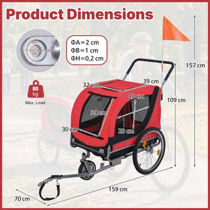 2-in-1 Dog Bike Trailer with Universal Bicycle Coupler, Red, 80 kg Capacity