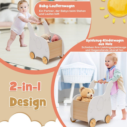 2 in 1 Elephant Shape Wooden Baby Walker with Large Toy Box White