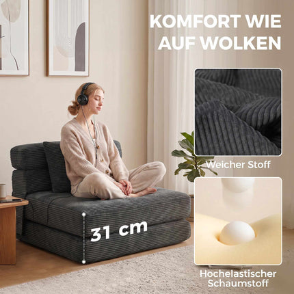 2-in-1 Foldable Floor Chair Bed, Cord Fabric, Dark Grey