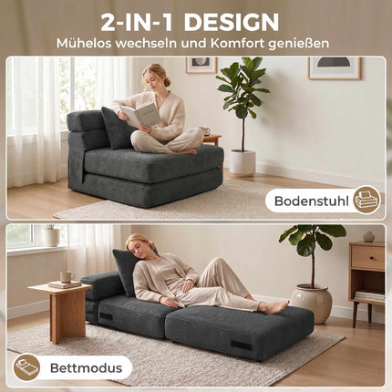 2-in-1 Foldable Floor Chair Bed, Cord Fabric, Dark Grey