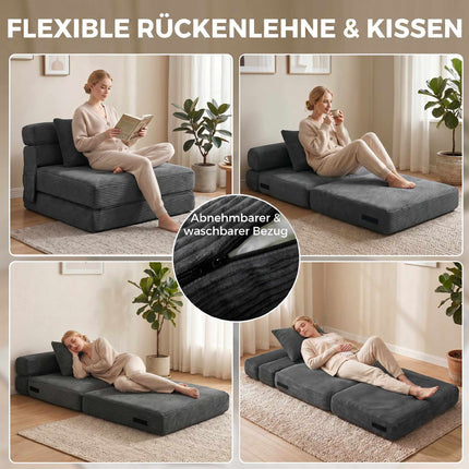 2-in-1 Foldable Floor Chair Bed, Cord Fabric, Dark Grey