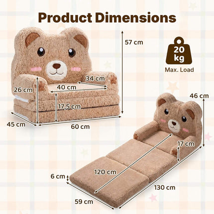 2-in-1 Foldable Kids Sofa Bed with Washable Cover, Bear Design, Brown