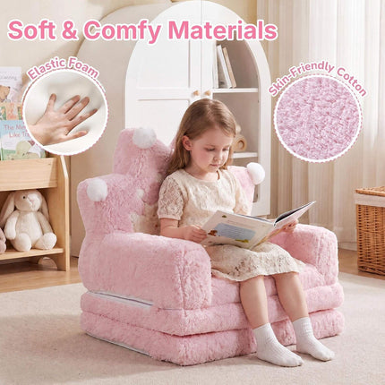 2-in-1 Foldable Kids Sofa Bed with Washable Cover, Crown Design, Pink