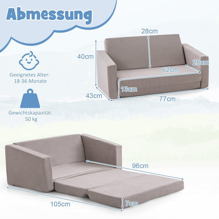 2 in 1 Folding Children's Sofa with Velvet Fabric Upholstered Children's Armchair 77 x 43 x 40 cm Dark Grey