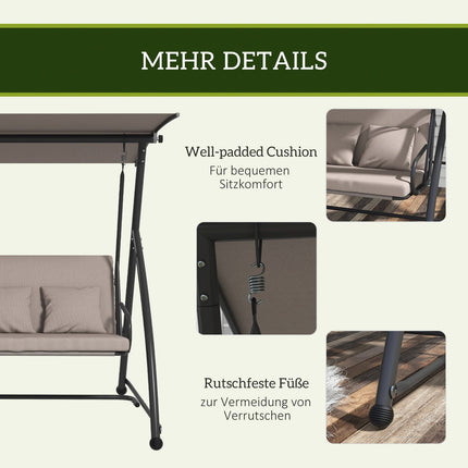 3-seat garden swing in steel with adjustable canopy, light brown