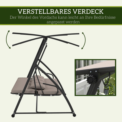 3-seat garden swing in steel with adjustable canopy, light brown