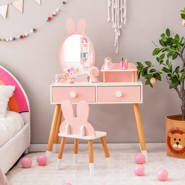 2-in-1-Set mit Schminktisch und Stuhl für Kinder, mit Spiegel, 2 Schubladen und Ablage, Rosa