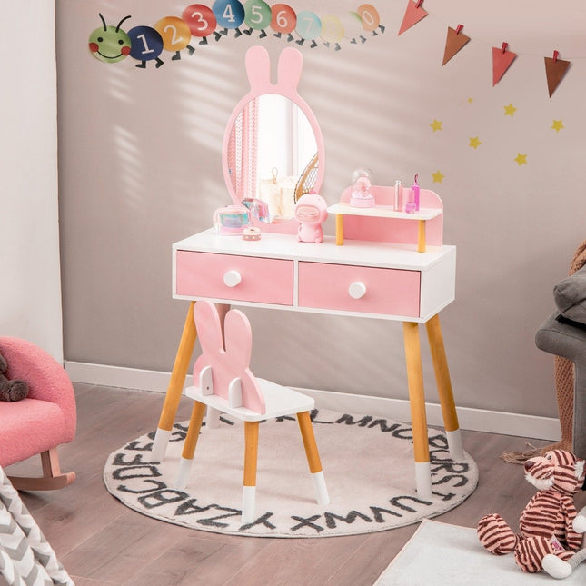 2-in-1-Set mit Schminktisch und Stuhl für Kinder, mit Spiegel, 2 Schubladen und Ablage, Rosa