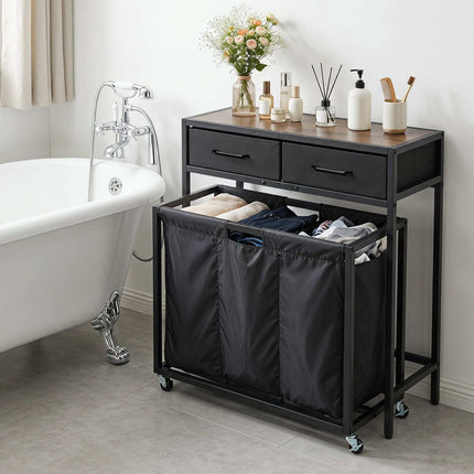 2-in-1 Laundry Basket Organizer with 3 Sections and Wheels, Rustic Brown