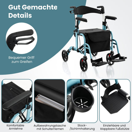2-in-1 Rollator Walker & Transport Chair, Blue, Foldable