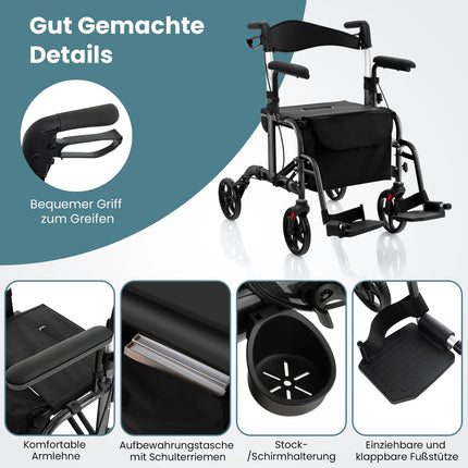 2-in-1 Rollator Walker & Wheelchair, Folding, Black