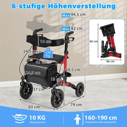 2-in-1 Rollator & Wheelchair, Foldable, Supports 136 kg